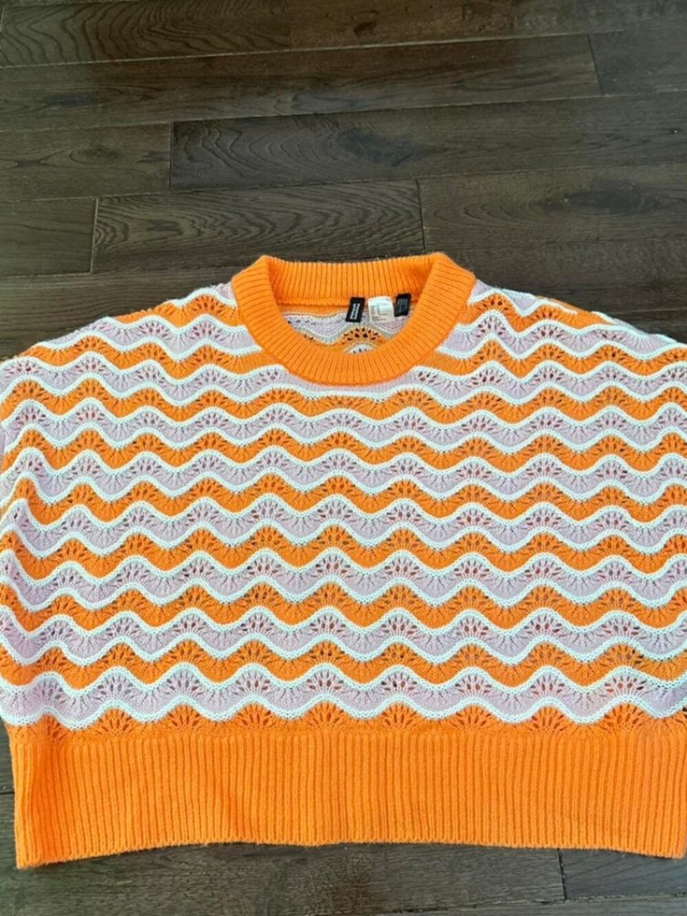 Orange Pink Wavy Crochet Cropped Sweater